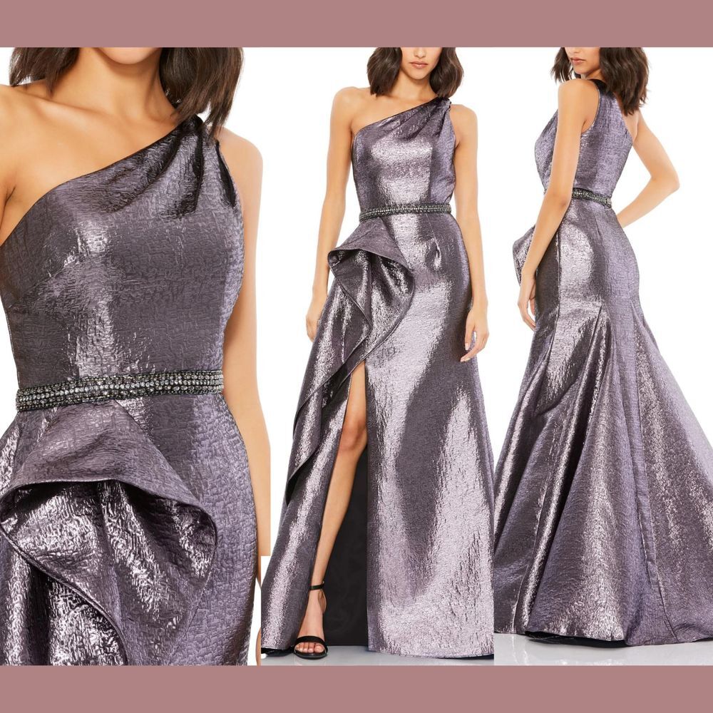 NEW Mac Duggal [ 2 ] 66975 One Shoulder Metallic Ruffled Gown in Amethyst Purple